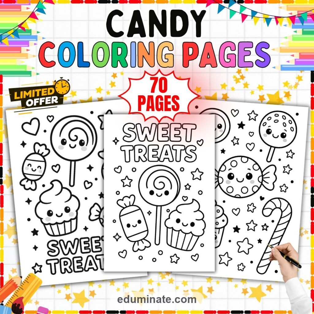 70 Cute Candy Coloring Pages Kawaii Sweets and Treats Activity Sheets for Kids cover