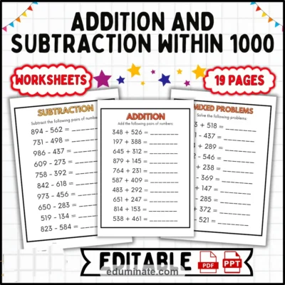 3 Digit Addition and Subtraction Worksheets | Within 1000 | 16 Printable Pages — resource cover