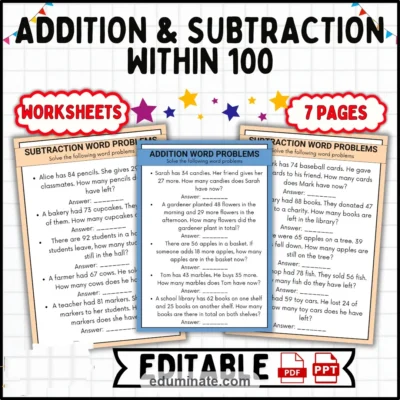 Word Problems Within 100 | Addition and Subtraction | 4 Math Practice Pages — resource cover