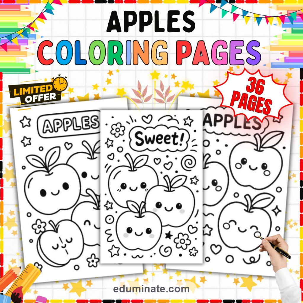 Cute Apple Coloring Pages | Kawaii Fruit Sheets | Smiling Apple Characters cover