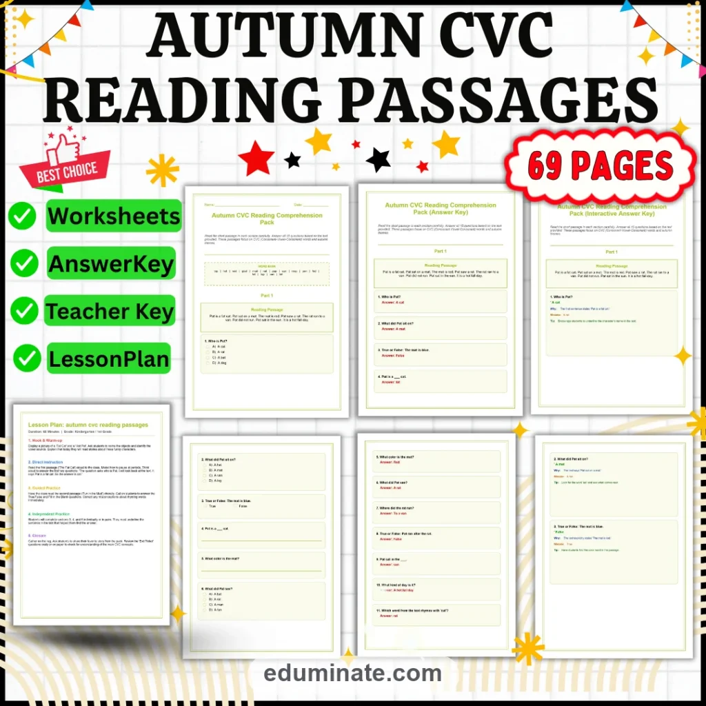 Fall CVC Worksheets – Autumn CVC Reading Passages, Questions and Answer Key cover