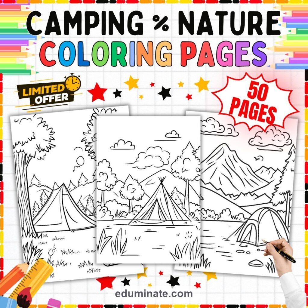 50 Camping Theme Coloring Pages Printable Outdoor and Nature Sheets for Kids cover