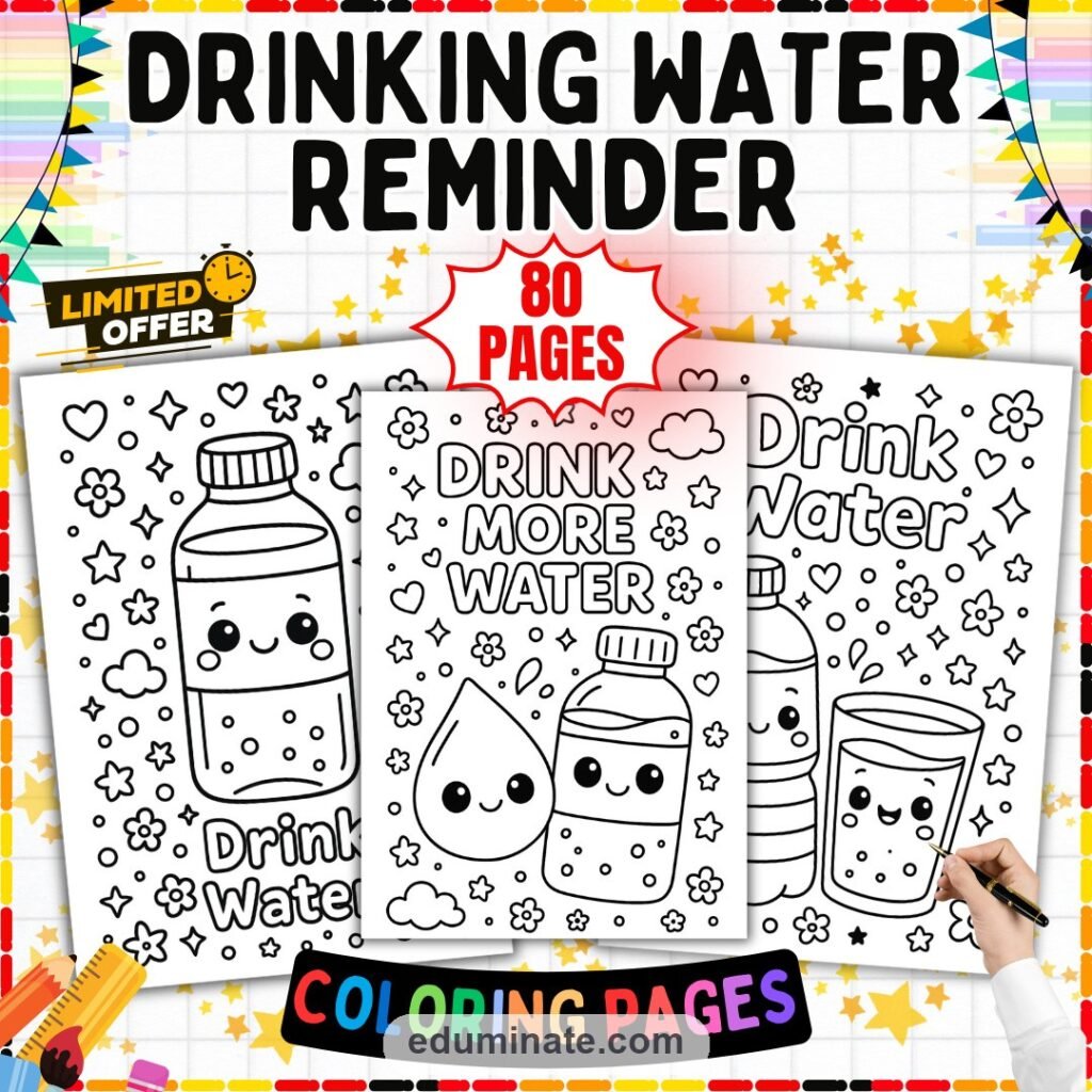 Water Bottle Coloring Pages | Healthy Hydration Drink Art Sheets for Kids cover