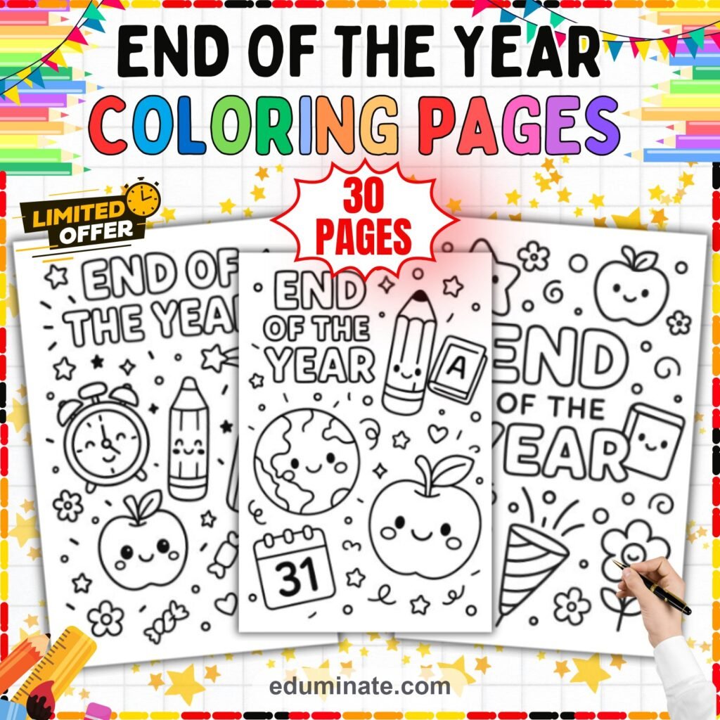 Year End Activities Coloring Sheets Last Day of School Party Pages 30 Sheets cover