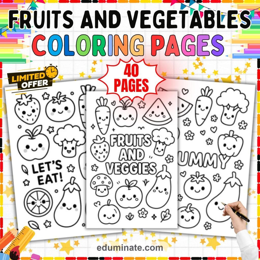 Fruits and Vegetables Coloring Pages Healthy Food 40 Cute Printable Sheets cover