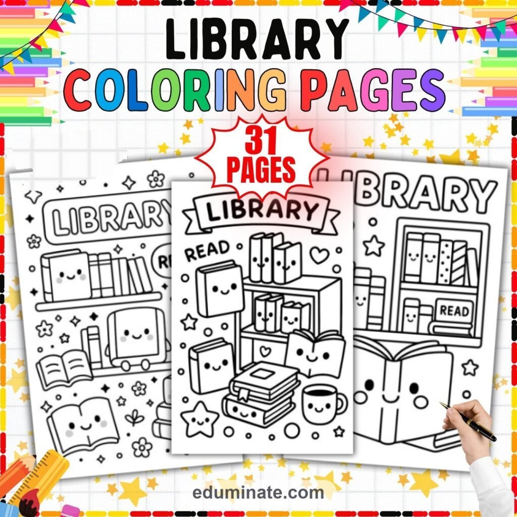 Printable Library Coloring Pages Reading Activity Sheets Pack for Kids Fun cover