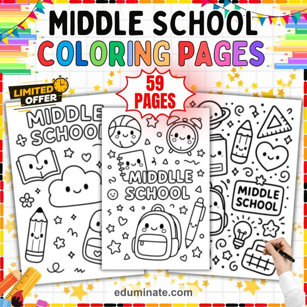 Middle School Coloring Pages 59 Back to School Tween Art Activity Worksheets cover