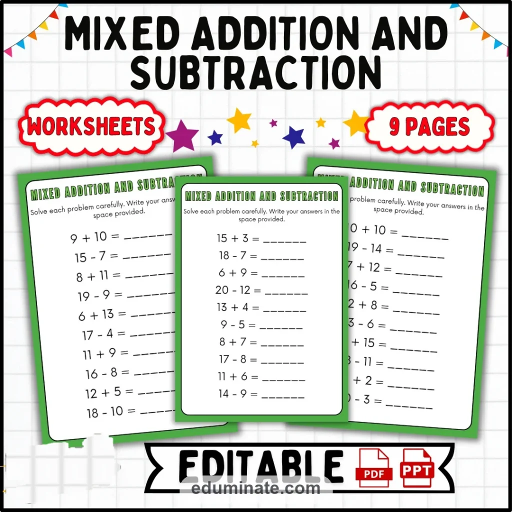 Mixed Addition and Subtraction Worksheets Practice Drills for Math Skills cover