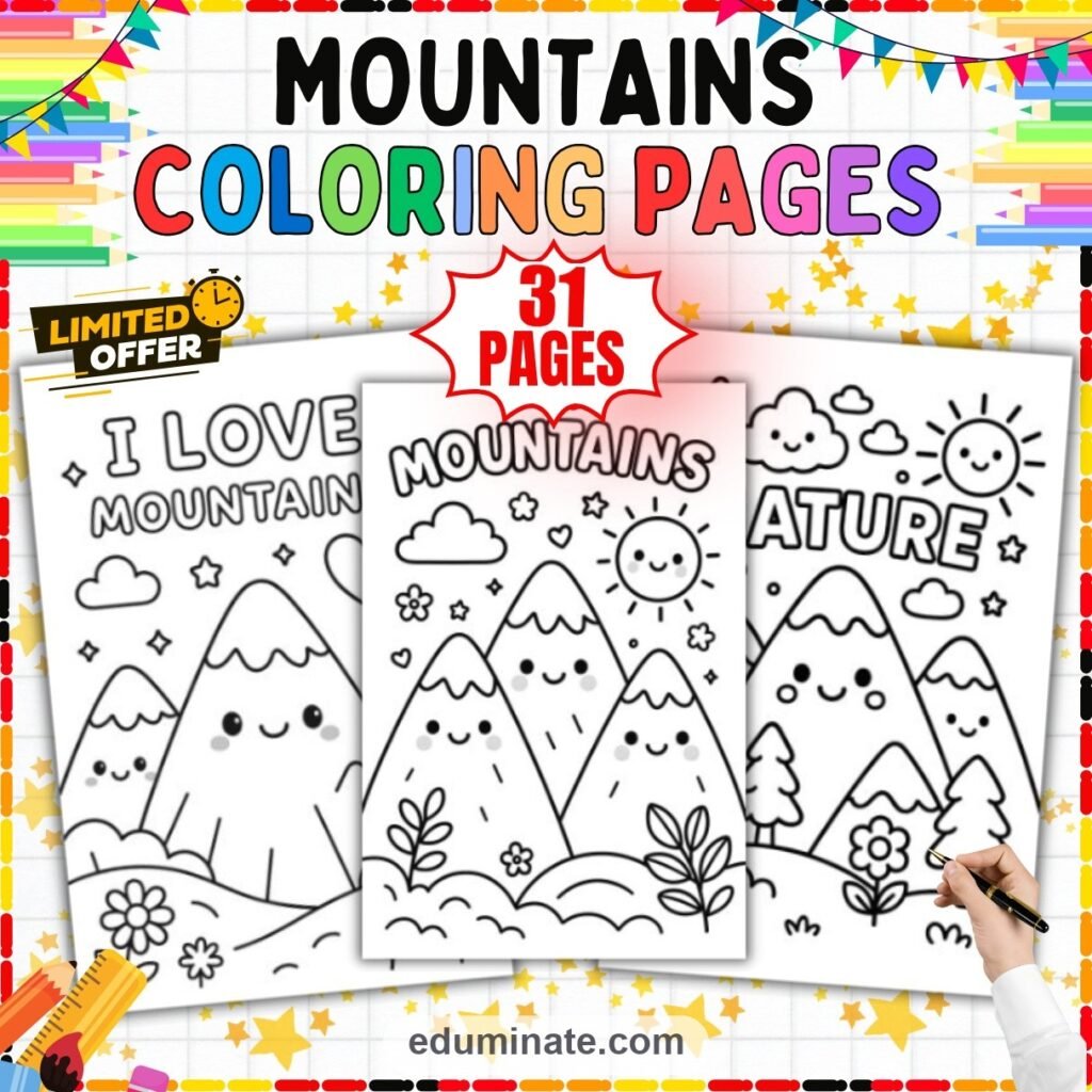 Easy Mountain Coloring Pages Simple Scenery Activity Sheets Pack for Kids cover