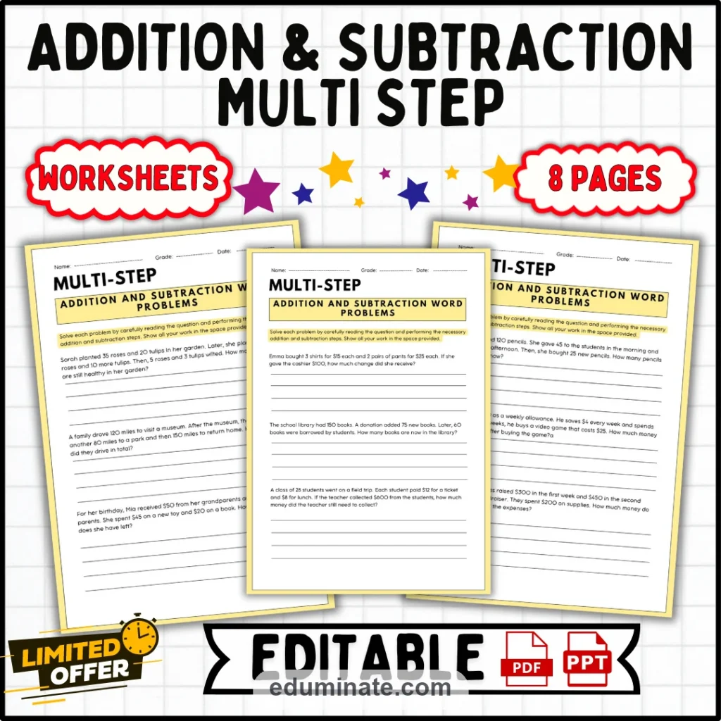Multi Step Addition and Subtraction Problems Word Problem Math Worksheets cover