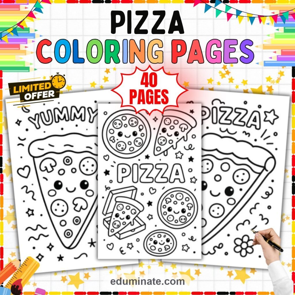 Cute Pizza Coloring Pages Kawaii Food Characters Activity Pack for Kids Fun cover