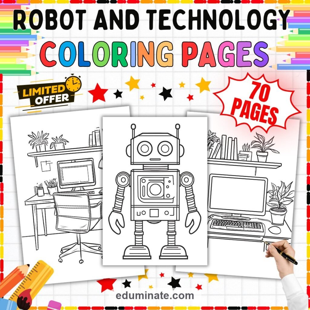 Robot Coloring Pages Technology and STEM Future Activity Sheets Pack Kids cover