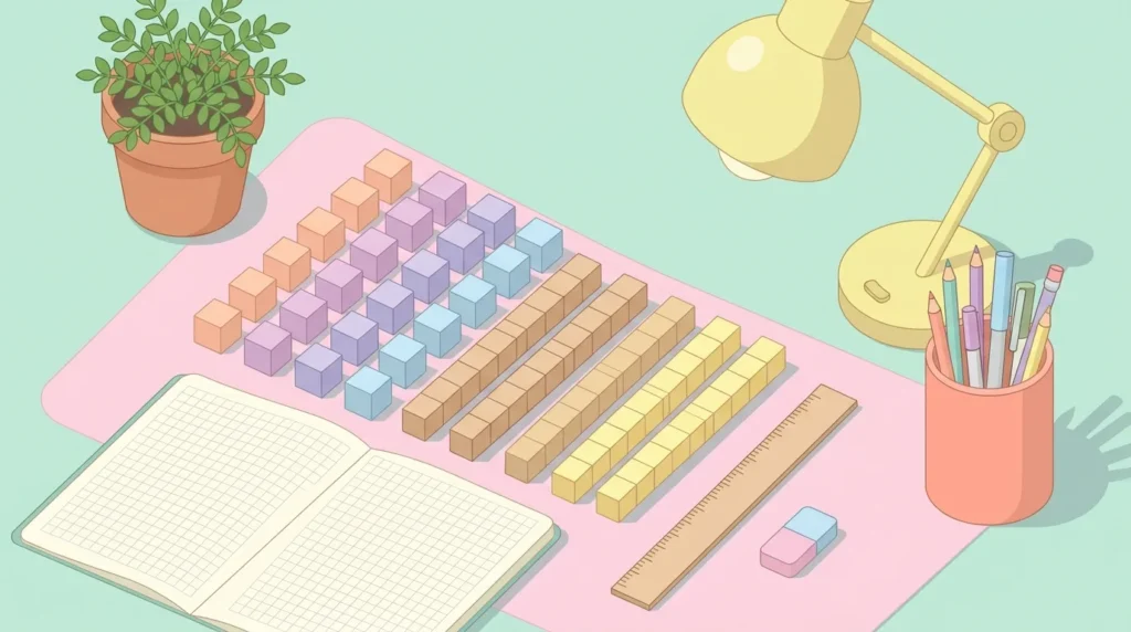 Pastel desk scene with small colored cubes, long rods, a grid notebook and a pencil cup on a mint background.