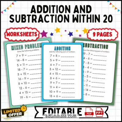 Addition and Subtraction Within 20 | Math Worksheets | 6 Practice Pages Pack — resource cover