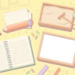 Pastel desk scene with a pencil, notebook, small whiteboard and sand tray on a butter yellow background.