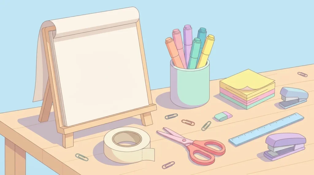 Pastel desk scene with a chart paper easel, markers, tape, scissors, sticky notes and a ruler on sky blue.