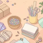 Pastel desk scene with joined blocks, mittens, socks, buttons and blank cards on a peach background