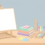 Pastel desk scene with a blank poster on an easel, markers, sticky notes, a ruler and books on blue-gray.