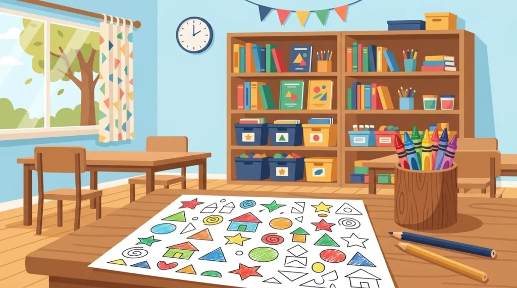 Half-colored coloring page with geometric shapes, houses and stars next to a cup of crayons