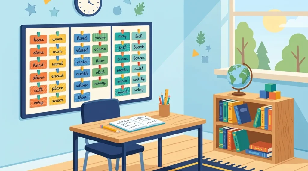 Chart with three columns of word cards on a wall, with a pencil and notebook below