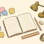 Pastel desk scene with blank speech-bubble sticky notes, a notebook, pencil, ruler, books and a lamp on a cream background