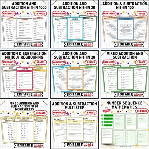 Addition and Subtraction Worksheets Bundle | Word Problems, Regrouping and Number Patterns — resource cover