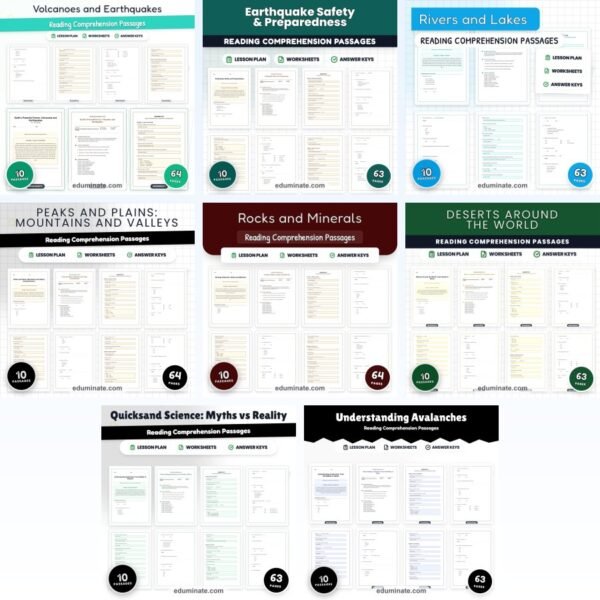 Earth Science Worksheets Bundle | Volcanoes, Earthquakes, Rivers and Rocks — resource cover