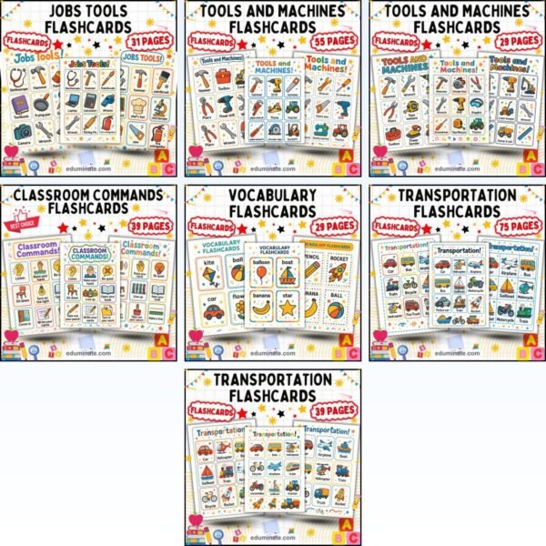 Vocabulary Flashcards Bundle | Tools, Community Helpers, Vehicles and Classroom Words — resource cover