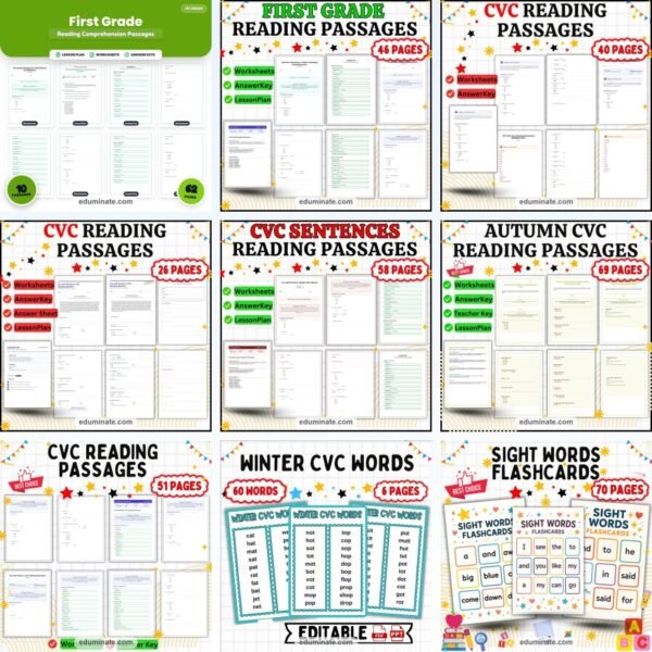 1st Grade Worksheets Bundle | Reading, Phonics, Math and Grammar Packs — resource cover