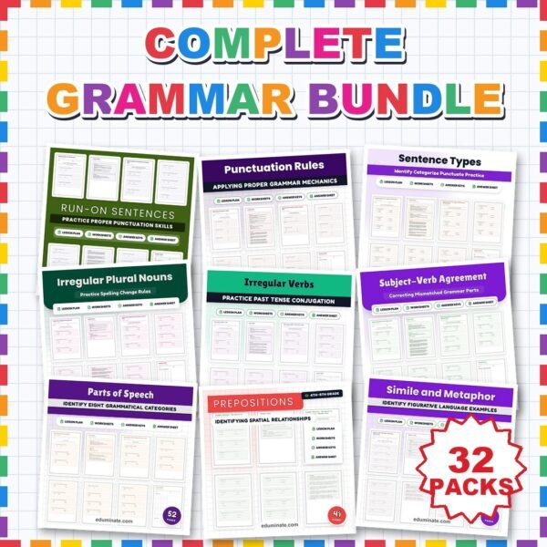 Complete Grammar Worksheets Bundle | 32 ELA Packets With Answer Keys — resource cover