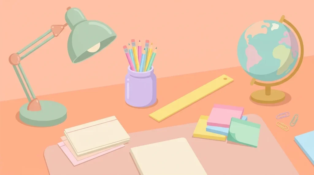 Pastel desk scene with index cards, pencils, a ruler, a small globe and sticky notes on a peach background.