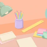 Pastel desk scene with index cards, pencils, a ruler, a small globe and sticky notes on a peach background.
