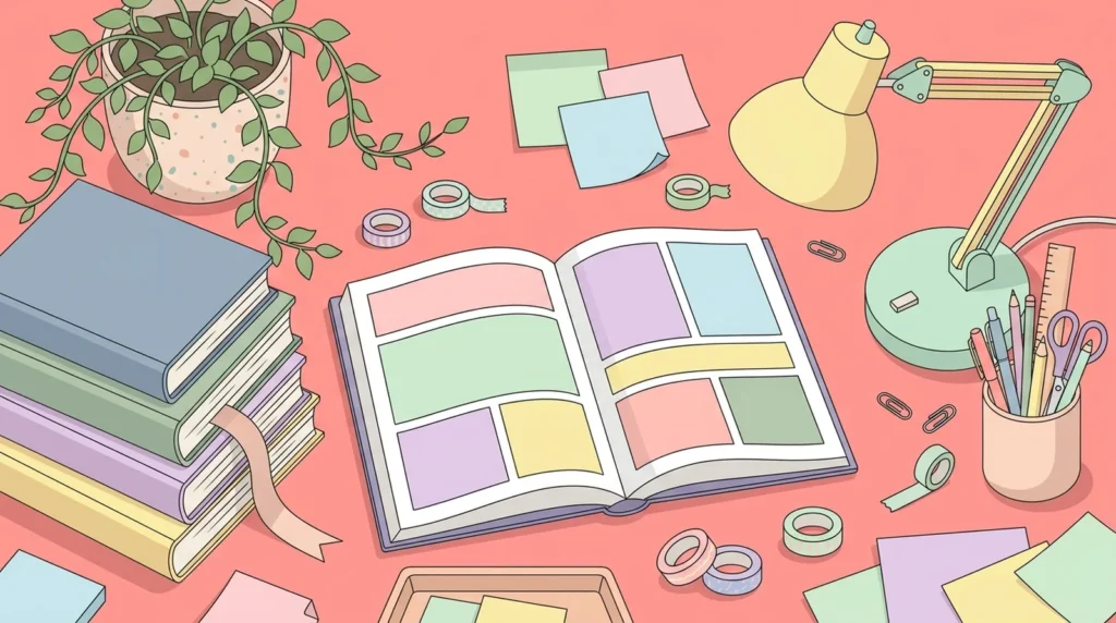 Pastel desk scene with stacked storybooks, an open book, sticky notes and a bookmark on a coral pink background