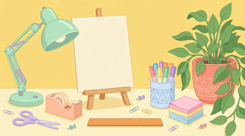 Pastel desk scene with a blank poster board, markers, sticky notes and tape on a butter yellow background.