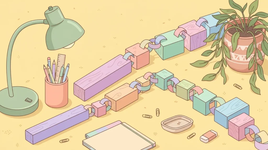Pastel desk scene with wooden blocks linked together, a pencil cup and a plant on a yellow background.
