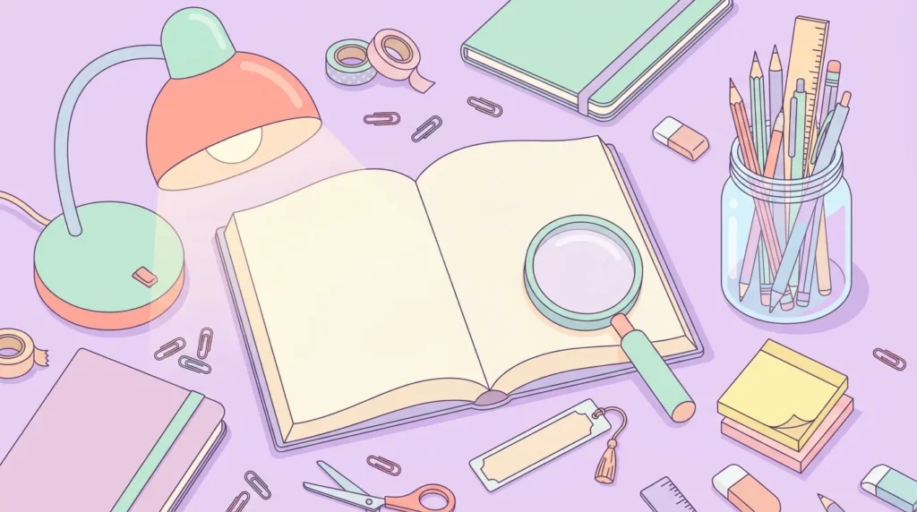 Pastel desk scene with a blank open book, a magnifying glass, sticky notes and a pencil jar on a lilac background.