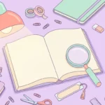 Pastel desk scene with a blank open book, a magnifying glass, sticky notes and a pencil jar on a lilac background.