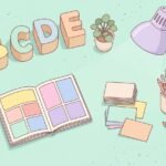 Pastel desk scene with letter tiles, counters, cards, crayons and an open picture book on a mint background