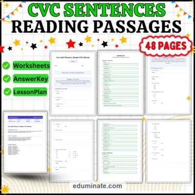CVC Sentences Kindergarten - Reading Passages, Questions and Answer Key Grade 1 — resource cover