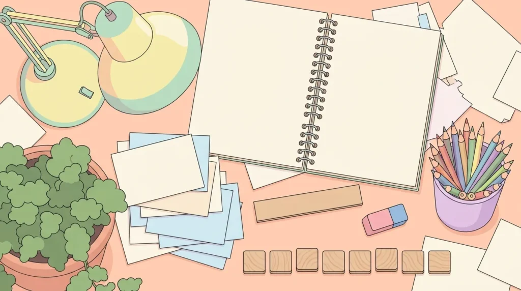 Pastel desk scene with blank wooden tiles, index cards, pencils and a notebook on a mint green background.
