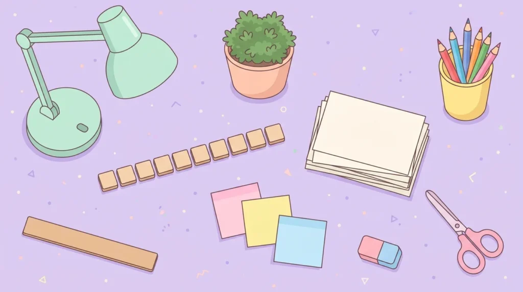 Pastel desk scene with blank wooden tiles, blank cards, sticky notes and a plant on a lilac background.