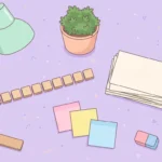 Pastel desk scene with blank wooden tiles, blank cards, sticky notes and a plant on a lilac background.