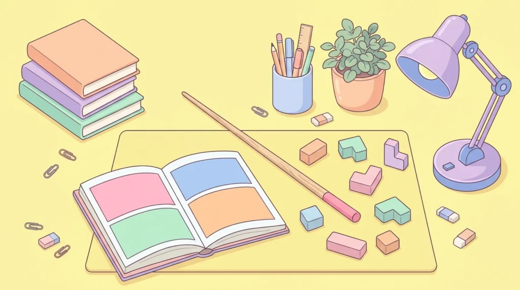 Pastel desk scene with small storybooks, an open book, a wooden pointer and plain tiles on a lemon background
