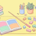 Pastel desk scene with small storybooks, an open book, a wooden pointer and plain tiles on a lemon background