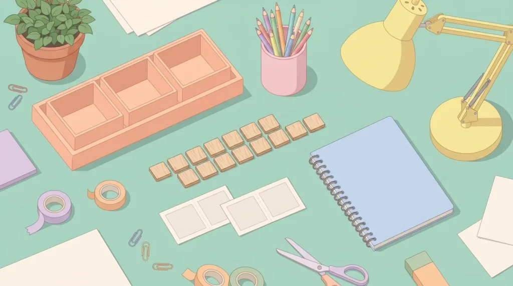 Pastel desk scene with blank wooden tiles, blank cards, a tray of empty boxes and pencils on a seafoam background.