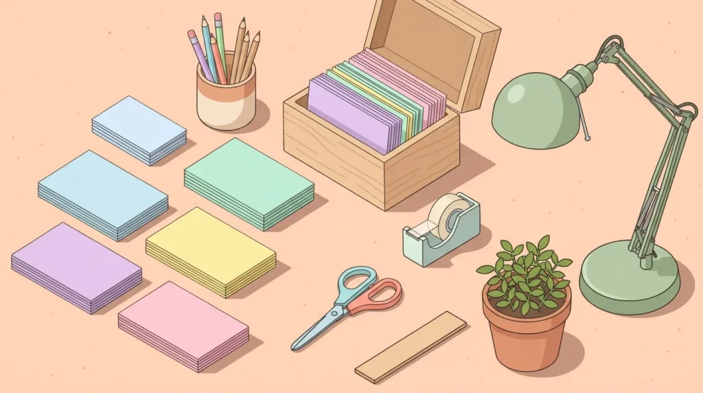 Pastel desk scene with five colored stacks of blank cards, a card box, scissors and a plant on a peach background.