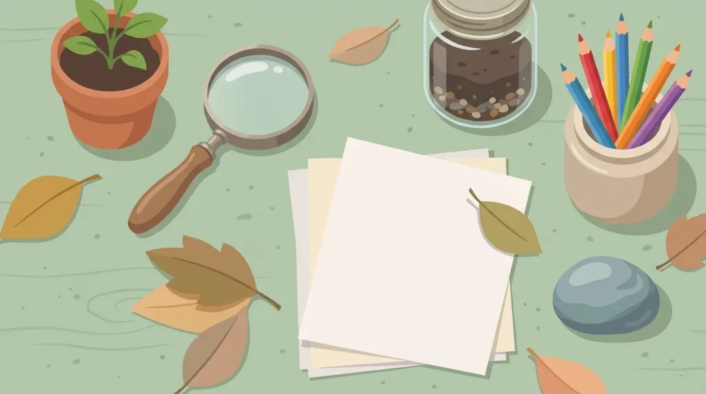 Pastel desk scene with a potted plant, a magnifying glass, a jar of soil, pencils, a stone and leaves on sage green.