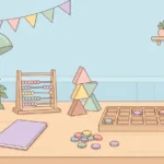Pastel desk scene with triangle blocks, colored counters, a ten-frame tray and an abacus frame on a sky blue background