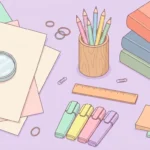 Pastel desk scene with paper, a magnifying glass, pencils, highlighters, books and a ruler on lilac.