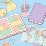 Pastel desk scene with an open book, a storybook, magnifying glass, map, globe and sticky tabs on a sky blue background